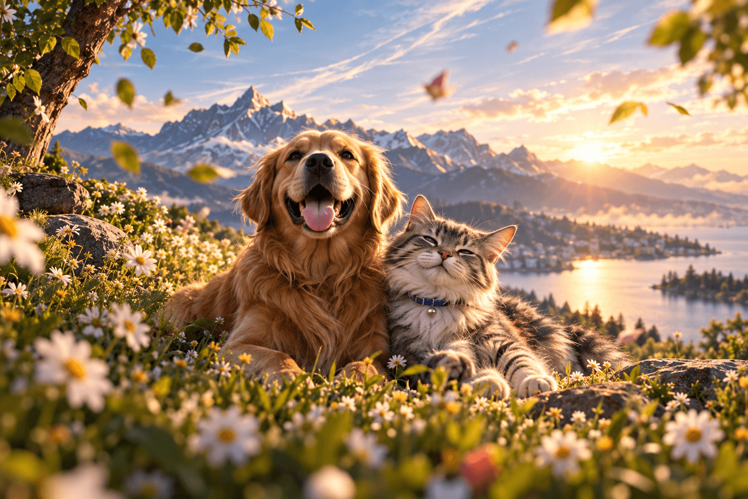 A dog and cat resting together at sunrise